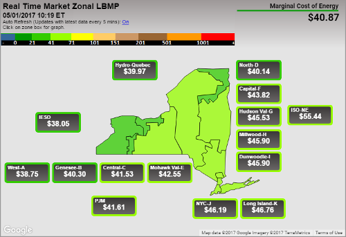 A map of the real-time locational based marginal price (LBMP) of energy for each zone of the New York Control Area. Source: NYISO. (Click to enlarge)