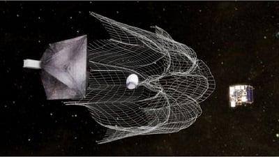 Artist’s rendering of the net experiment. Source: Surrey Space Centre