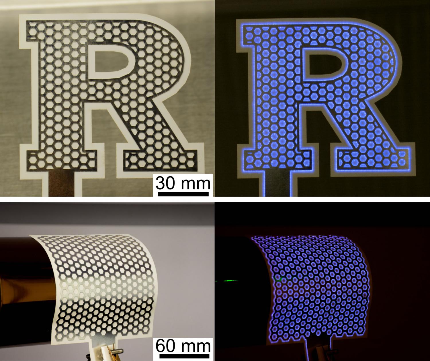 Paper-based plasma generators—consisting of laminated assemblies of honeycomb-patterned, metallized paper—are capable of sanitizing surfaces with 10 seconds of treatment. These devices are also customizable into varied planar geometries and bendable/mechanically flexible to conform to curved surfaces. Image credit: Jingjin Xie 