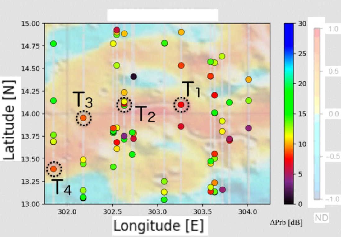 Figure 3: The lava tube candidate sites as suggested by the LRS data overlaid on the Bouguer gravity map by GRAIL spacecraft data. Source: JAXA