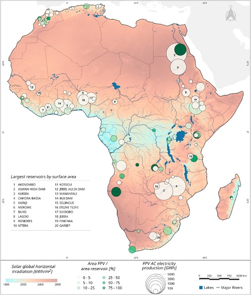 Map indicating the reservoir location, floating photovoltaic coverage and annual solar electricity production for a scenario with equal installed hydropower and solar capacity. Source: R. Gonzalez Sanchez et al.