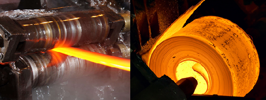 Figure 5: Red hot steel during the hot rolling process. Image credit: Bonpertius (left), Minmetals (right)
