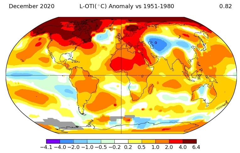 December 2020 land-ocean temperature index anomaly versus 1951 to 1980. Source: NASA GISS