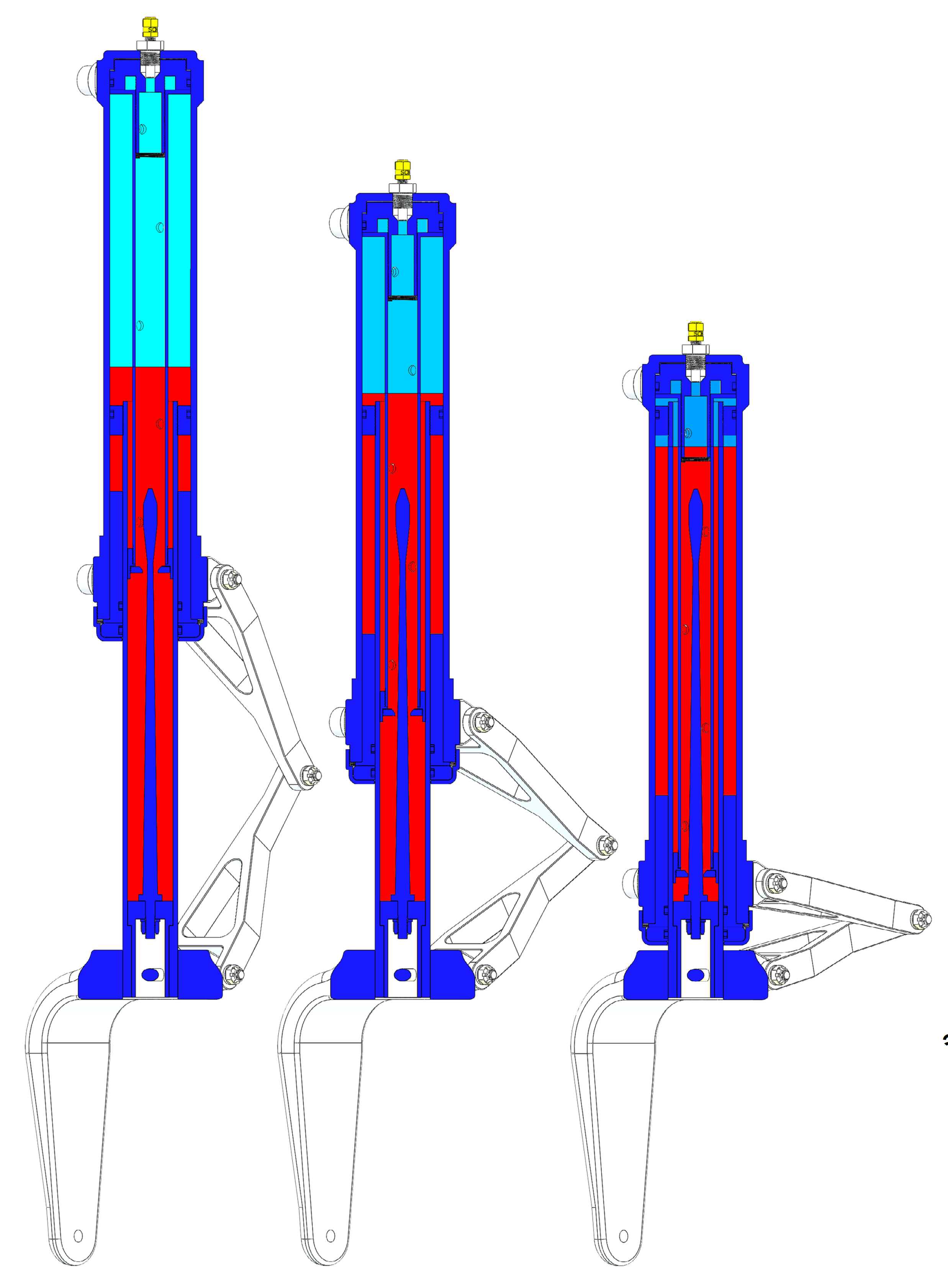 Diagram illustrating the interaction between the gas (light blue) and hydraulic fluid (red) in an oleo strut during compression of the strut. Source: Rainbow Aviation Services