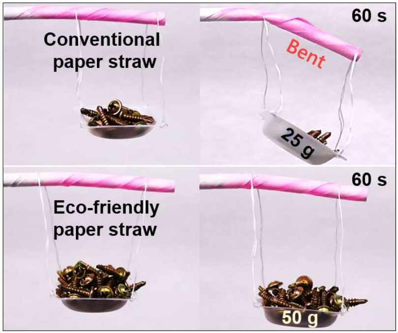 When used to stir a beverage in a cup, a paper straw is frequently bent slightly or delaminated. Due to its high mechanical rigidity in water, eco-friendly paper straw was observed to withstand a relatively heavy weight for 60 seconds under wet condition. Source: Korea Research Institute of Chemical Technology (KRICT)