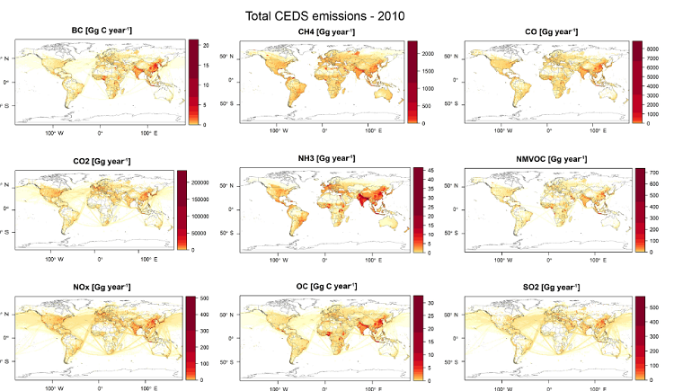 Total gridded CEDS emissions by emission species for 2010. Source: CEDS