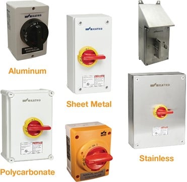 Figure 6. Left to right: Polycarbonate, aluminum, sheet metal and stainless-steel enclosures. Source: Altech Corp.