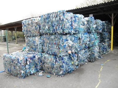 Bales of crushed PET  bottles. Image source: wikimedia.org