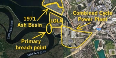 (Click to enlarge.) Duke Energy diagram showing location of the Lake Sutton breach.