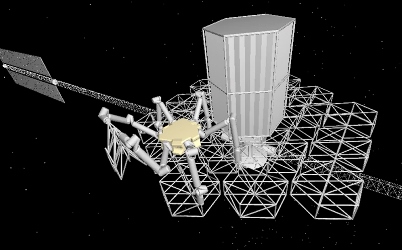 CAD rendering of an assembly robot deploying a truss module. Folded truss modules are stored in a cargo housing unit shown docked to the central hub. Image credit: SPIE/JATIS.