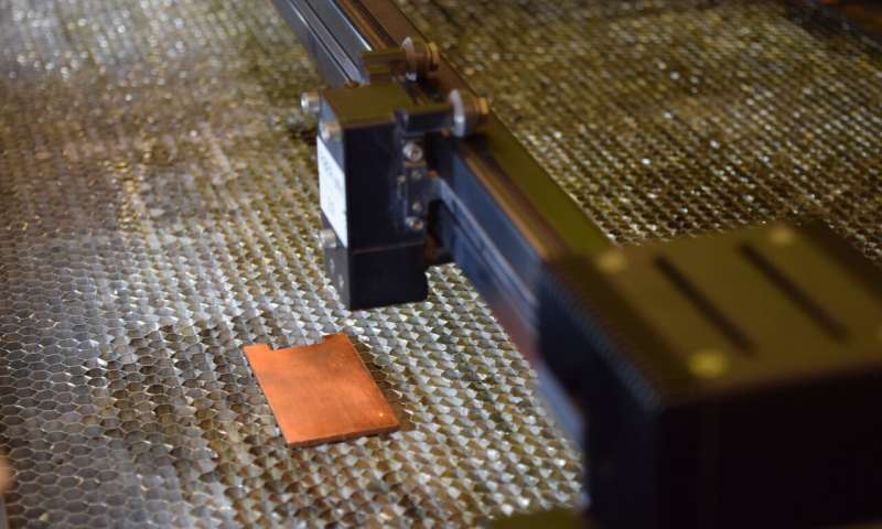 A laser prepares to texture the surface of copper, enhancing its antimicrobial properties. Source: Purdue University/Kayla Wiles