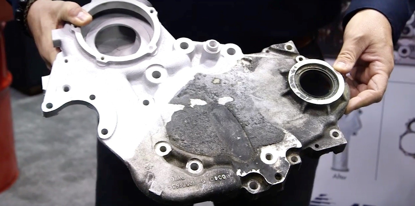 Automotive parts should only be cleaned with non-destructive methods. Note the full surface restoration on the left side of this aluminum part following soda blasting. Source: ARMEX™.