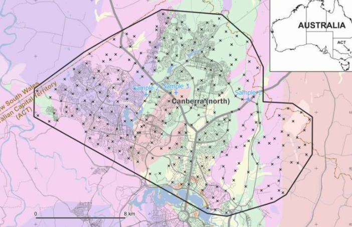 Map of Canberra, showing location of reference samples. Location of test (blinded) samples in blue. Source: Patrice De Caritat