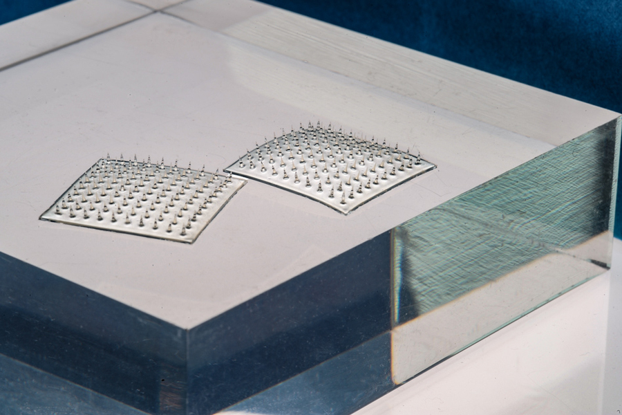 The Velcro-like food sensor, made from an array of silk microneedles, can pierce through plastic packaging to sample food for signs of spoilage and bacterial contamination.Source: MIT/Felice Frankel