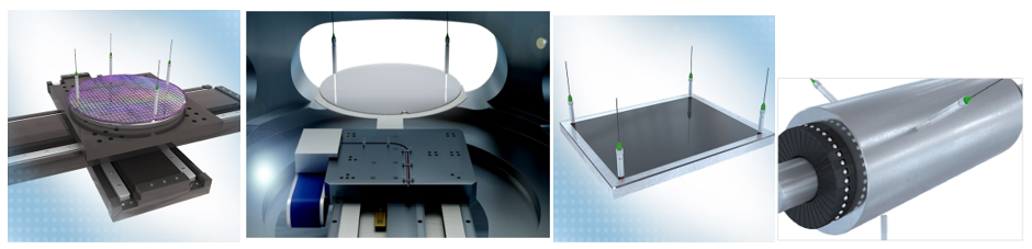 Figure 1. White light interferometers offer picometer-level resolutions, ideal in the semiconductor industry for positioning the wafer stage, wafer tilt measurements, photomask positioning and testing shaft concentricity (left to right). Source: Micro-Epsilon