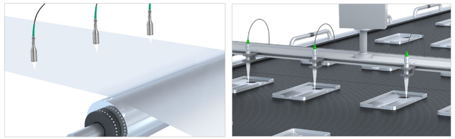 Figure 2. Stable thickness measurements for inline thickness monitoring of plastic films (left) and height measurement of glass inserts (right). Source: Micro-Epsilon