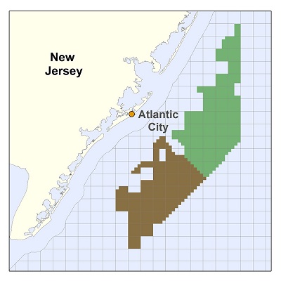 The New Jersey Wind Energy Area, where hundreds of wind turbines may eventually be built, is shaded green and brown. Source: U.S. Bureau of Ocean Energy Management, U.S. Department of the Interior