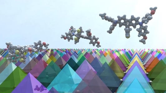 3D illustration of FDT molecules on a surface of perovskite crystals. Image credit: Sven M. Hein/EPFL.