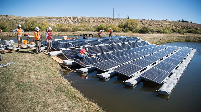 Floating PV being installed in Walden, Colorado. Source: Dennis Schroeder/NREL