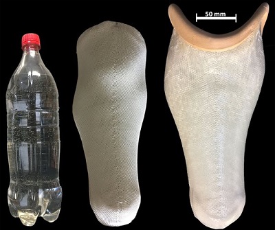 Prosthetic sockets made from polyester yarn sourced from ground up waste plastic bottles. Source: De Montfort University Leicester